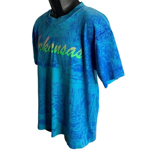 Vintage 90s All Over Print Arkansas T Shirt L Blue Crewneck Single Stitch River - Picture 5 of 6